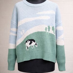 Pastel Blue and Green Sweater with Cow Design